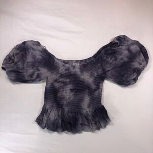 Poof Apparel Purple Tie Dye Smocked Puff Sleeve Ruffle Hem Crop Top Large